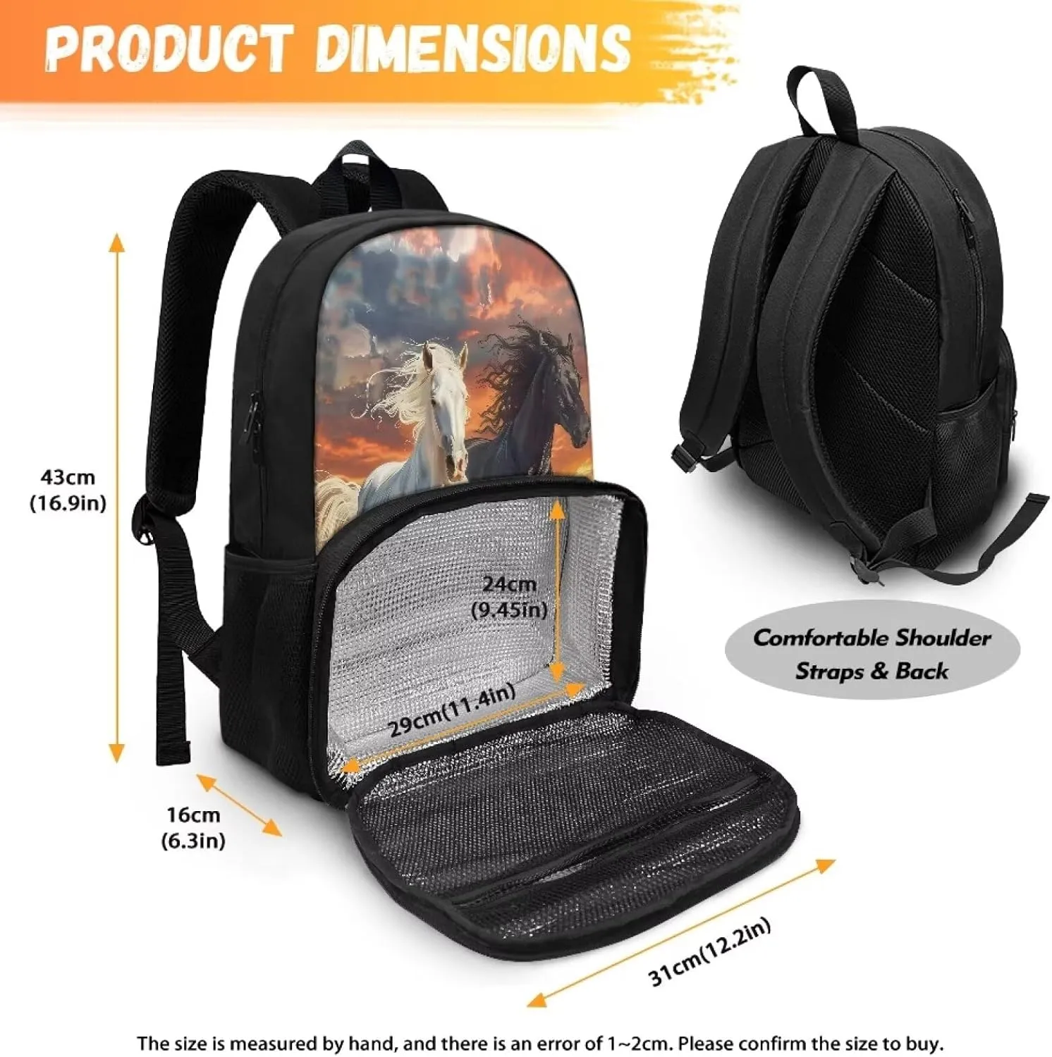 2 in 1 Backpack Cooler Lunch Backpack for Men Women - Black White Horse Portable Cooler Backpack Insulated Lunch Tote Bags, Gift for Boys Girls