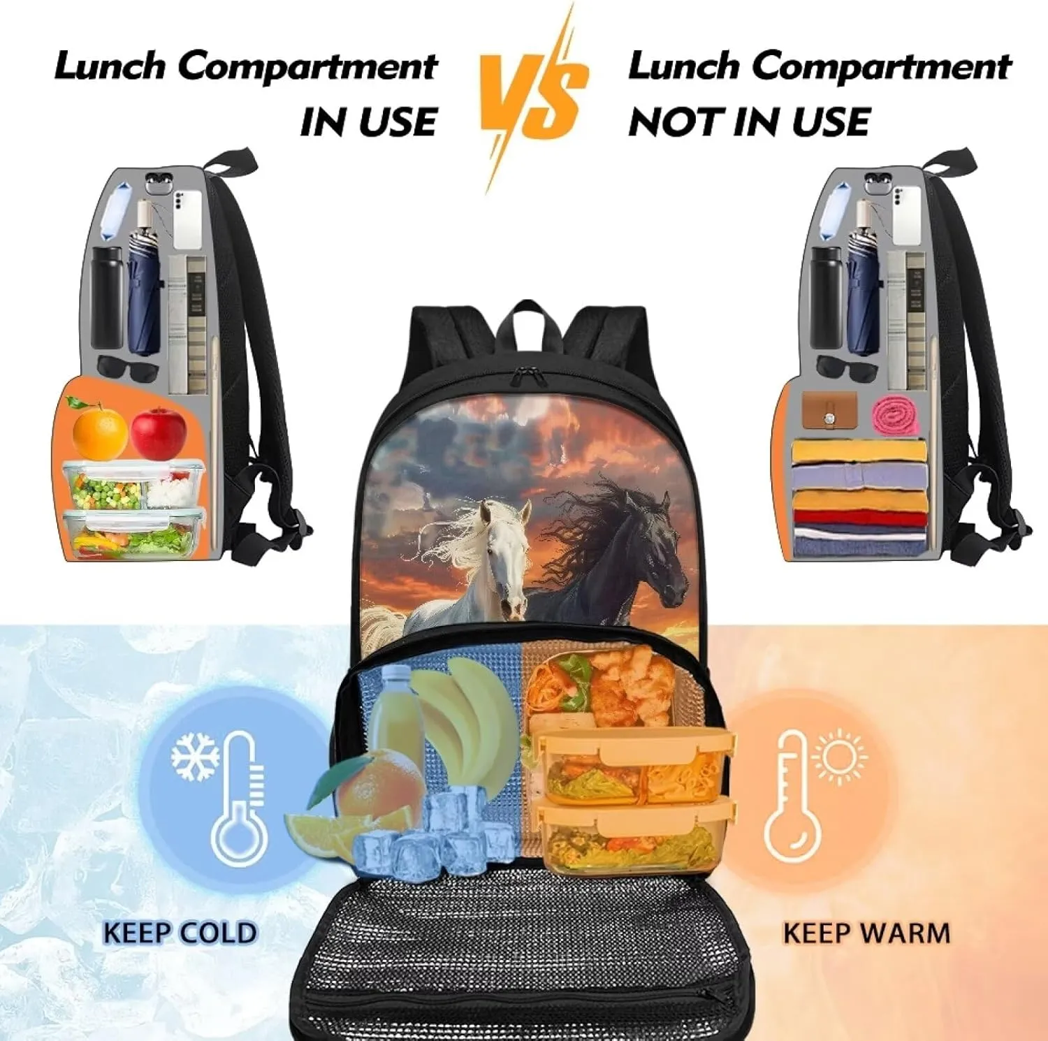 2 in 1 Backpack Cooler Lunch Backpack for Men Women - Black White Horse Portable Cooler Backpack Insulated Lunch Tote Bags, Gift for Boys Girls