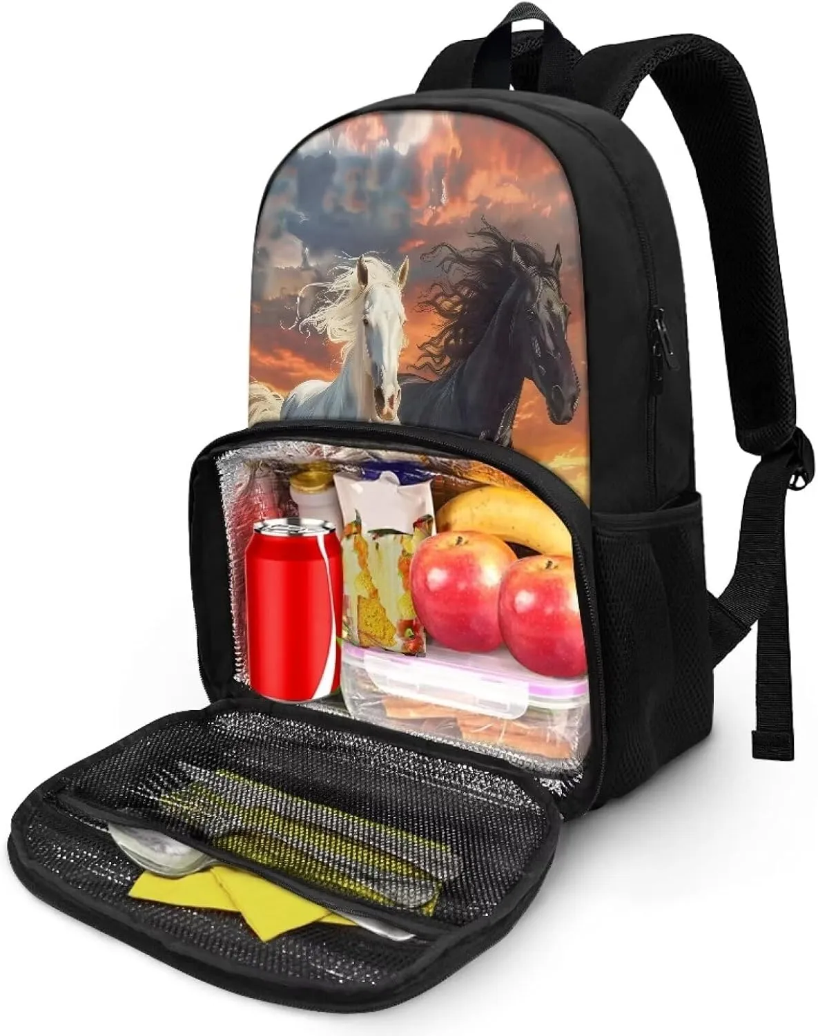 2 in 1 Backpack Cooler Lunch Backpack for Men Women - Black White Horse Portable Cooler Backpack Insulated Lunch Tote Bags, Gift for Boys Girls