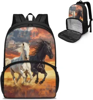 2 in 1 Backpack Cooler Lunch Backpack for Men Women - Black White Horse Portable Cooler Backpack Insulated Lunch Tote Bags, Gift for Boys Girls