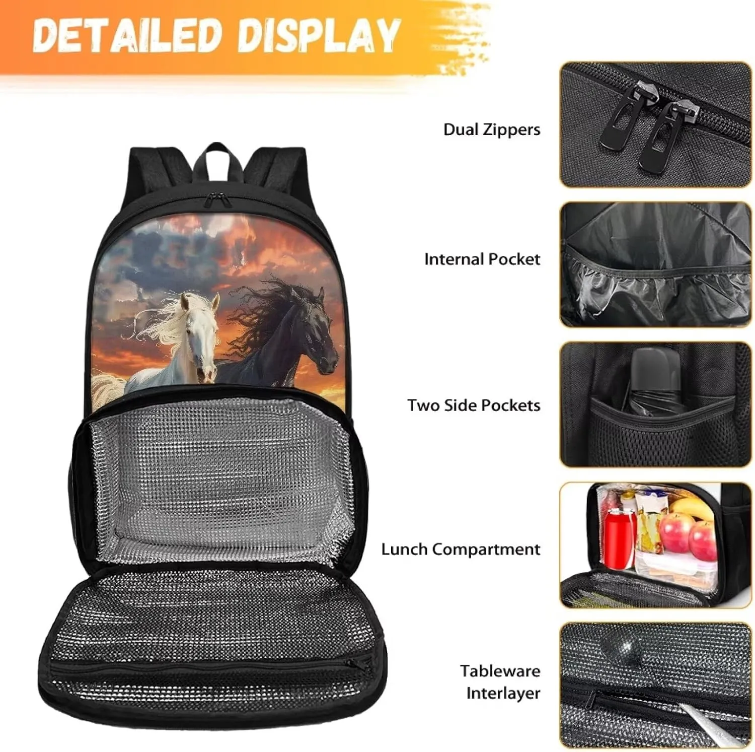 2 in 1 Backpack Cooler Lunch Backpack for Men Women - Black White Horse Portable Cooler Backpack Insulated Lunch Tote Bags, Gift for Boys Girls