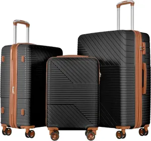 3 Piece Hardshell Luggage Set with Double Spinner Wheels, Lightweight and Expandable, ABS Matte Texture, Black Brown
