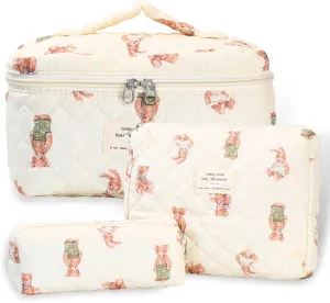 3Pcs Quilted Makeup Bag - Cotton Large Floral Makeup Bag, Travel Cosmetic Bag Cute Flower Aesthetic Floral Toiletry Organizer Bag Set for Women (02White-Bear)