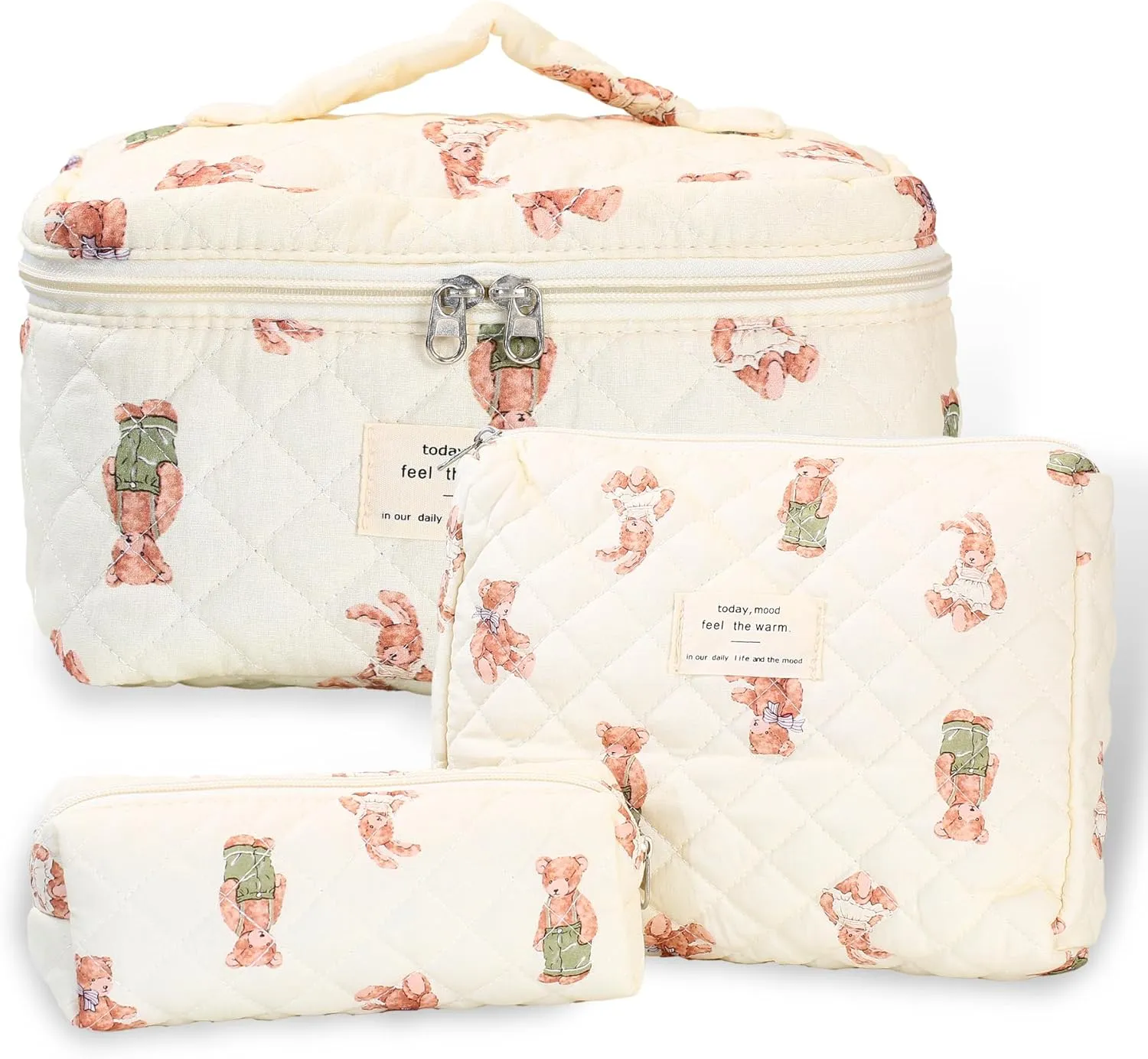 3Pcs Quilted Makeup Bag - Cotton Large Floral Makeup Bag, Travel Cosmetic Bag Cute Flower Aesthetic Floral Toiletry Organizer Bag Set for Women (02White-Bear)