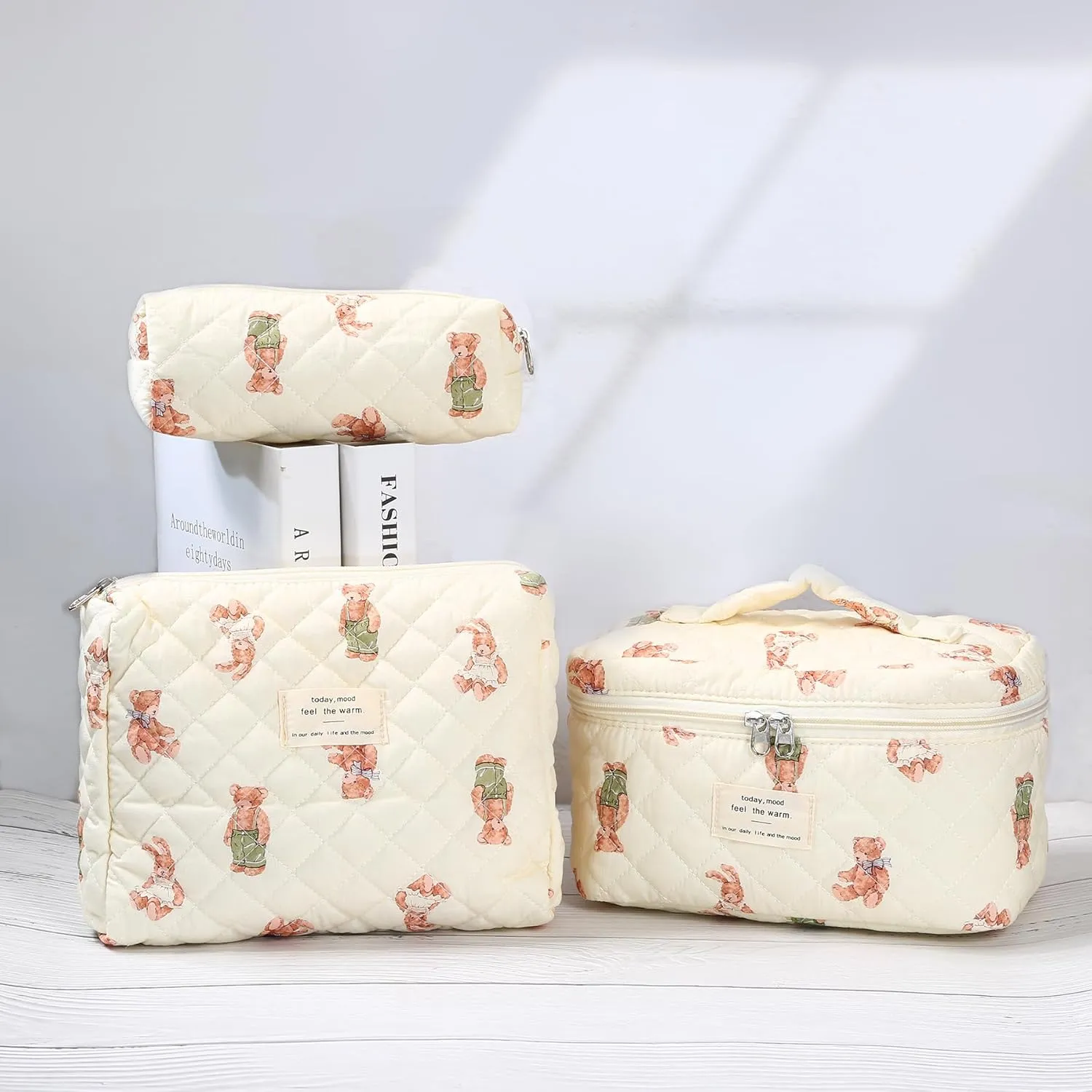 3Pcs Quilted Makeup Bag - Cotton Large Floral Makeup Bag, Travel Cosmetic Bag Cute Flower Aesthetic Floral Toiletry Organizer Bag Set for Women (02White-Bear)