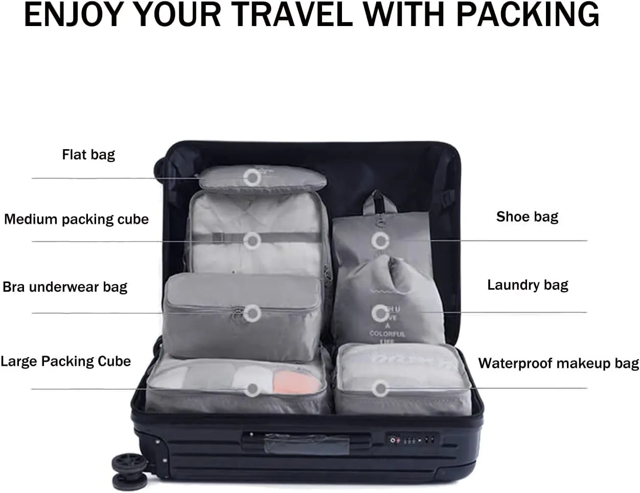 7 Set Packing Cubes for Suitcases,Travel Cubes Packing Luggage Organizers Accessories Bag,Large Lightweight Waterproof Storage Bag,Travel Gear with Toiletries Cosmetic Clothes Shoe Bag (Grey)