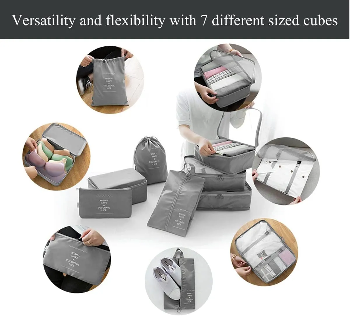 7 Set Packing Cubes for Suitcases,Travel Cubes Packing Luggage Organizers Accessories Bag,Large Lightweight Waterproof Storage Bag,Travel Gear with Toiletries Cosmetic Clothes Shoe Bag (Grey)