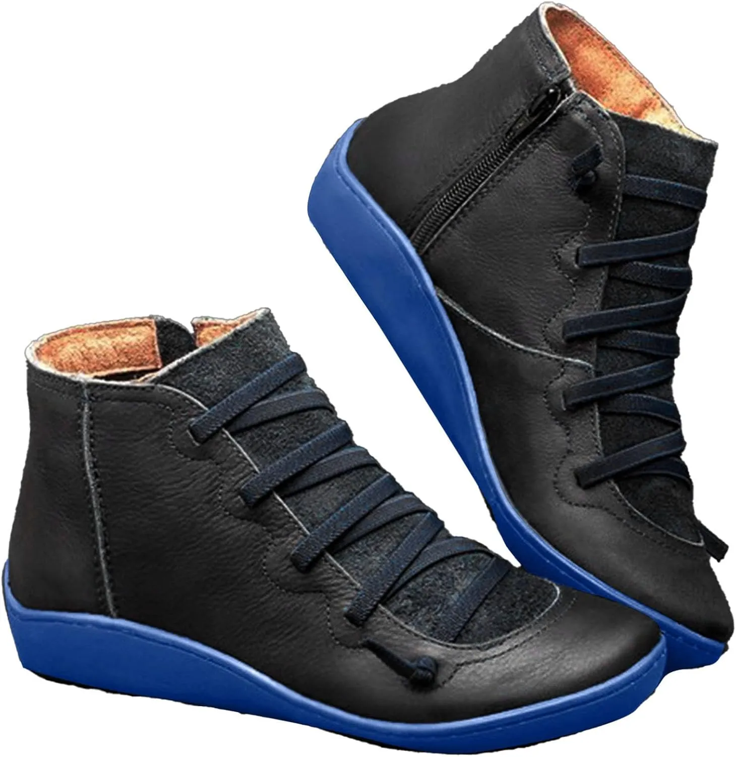 Ankle Boots for Women No Heel Leather Fall Boots for Women 2024 Fashion Lace up Side Zip Vintage Booties Flat Heel