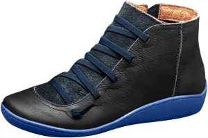 Ankle Boots for Women No Heel Leather Fall Boots for Women 2024 Fashion Lace up Side Zip Vintage Booties Flat Heel