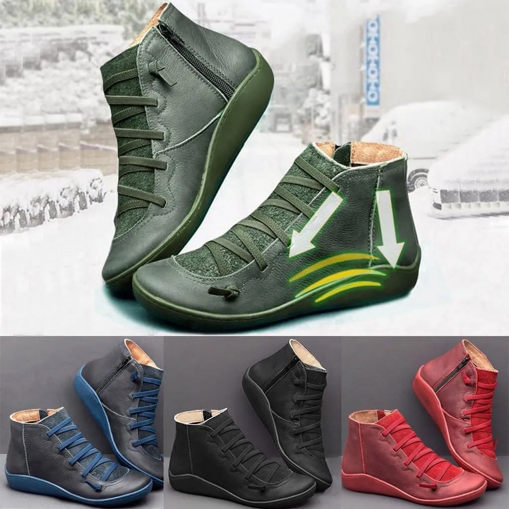 Ankle Boots for Women No Heel Leather Fall Boots for Women 2024 Fashion Lace up Side Zip Vintage Booties Flat Heel