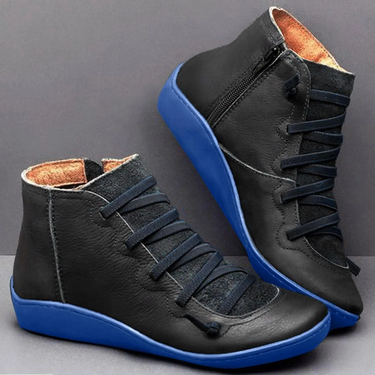 Ankle Boots for Women No Heel Leather Fall Boots for Women 2024 Fashion Lace up Side Zip Vintage Booties Flat Heel