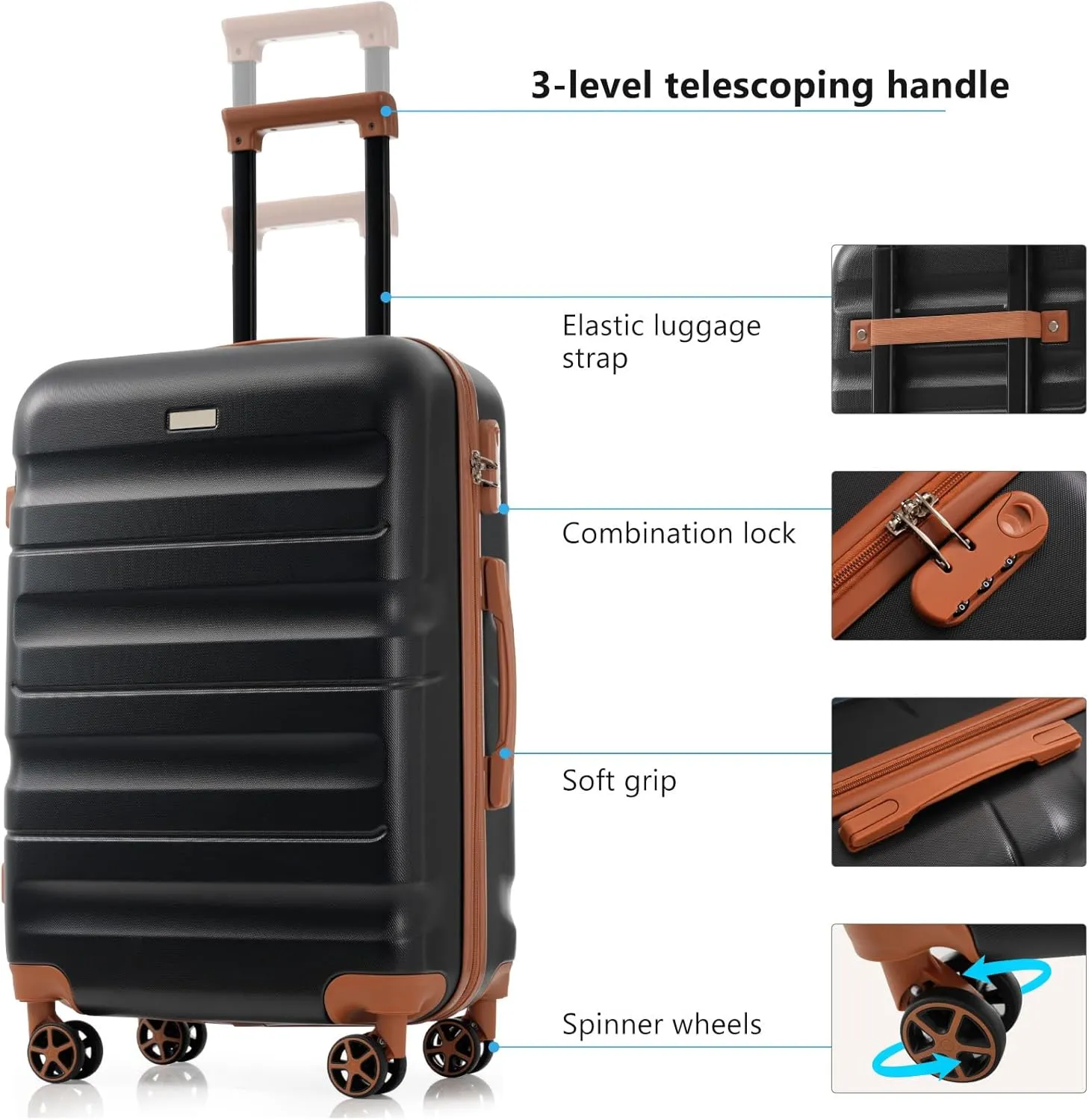 Anwick Hardshell ABS Luggage Set - Lightweight Hardside Rolling Suitcases with Dual Spinner Wheels, Luggage Expandable Suitcase with TSA Lock for Family Travel & Business (Black)