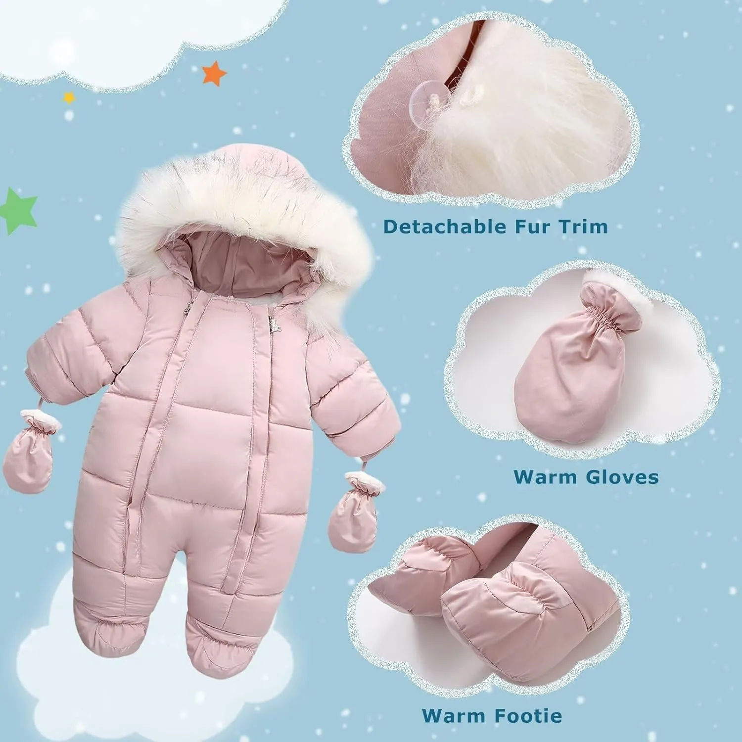 Baby Girl Boy Snowsuit Cute Down Jacket Hooded Romper Light Puffer Padded Jumpsuit Infant Winter Outwear