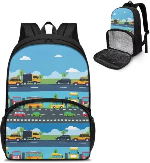 Backpack Insulated Lunch Backpack with Meal Compartment, Cartoon School Bus Casual Hiking Lunch Rucksack with Side Bottle Pockets, Lightweight School Bags for Teens