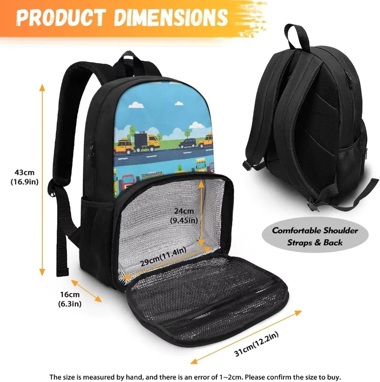 Backpack Insulated Lunch Backpack with Meal Compartment, Cartoon School Bus Casual Hiking Lunch Rucksack with Side Bottle Pockets, Lightweight School Bags for Teens