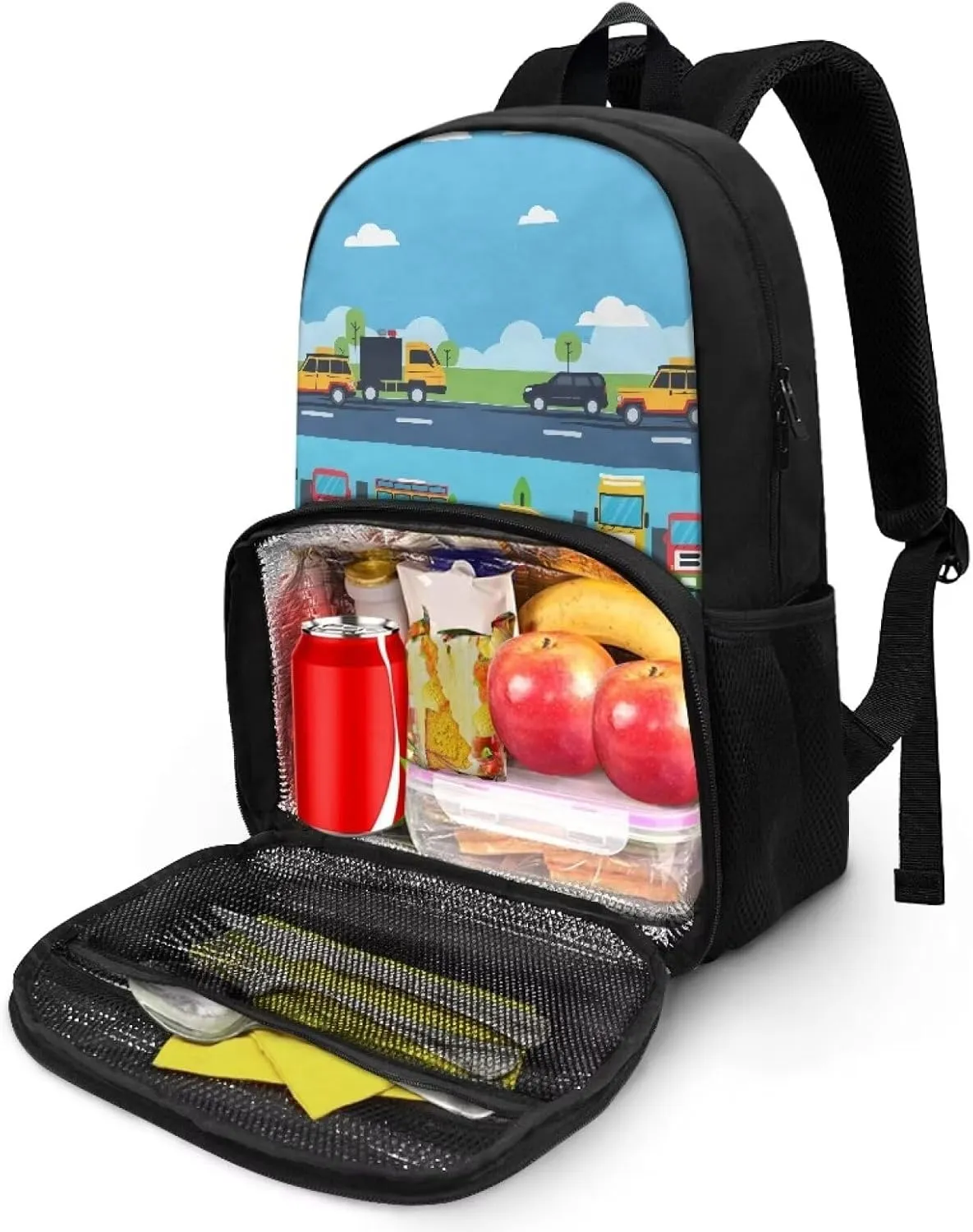 Backpack Insulated Lunch Backpack with Meal Compartment, Cartoon School Bus Casual Hiking Lunch Rucksack with Side Bottle Pockets, Lightweight School Bags for Teens