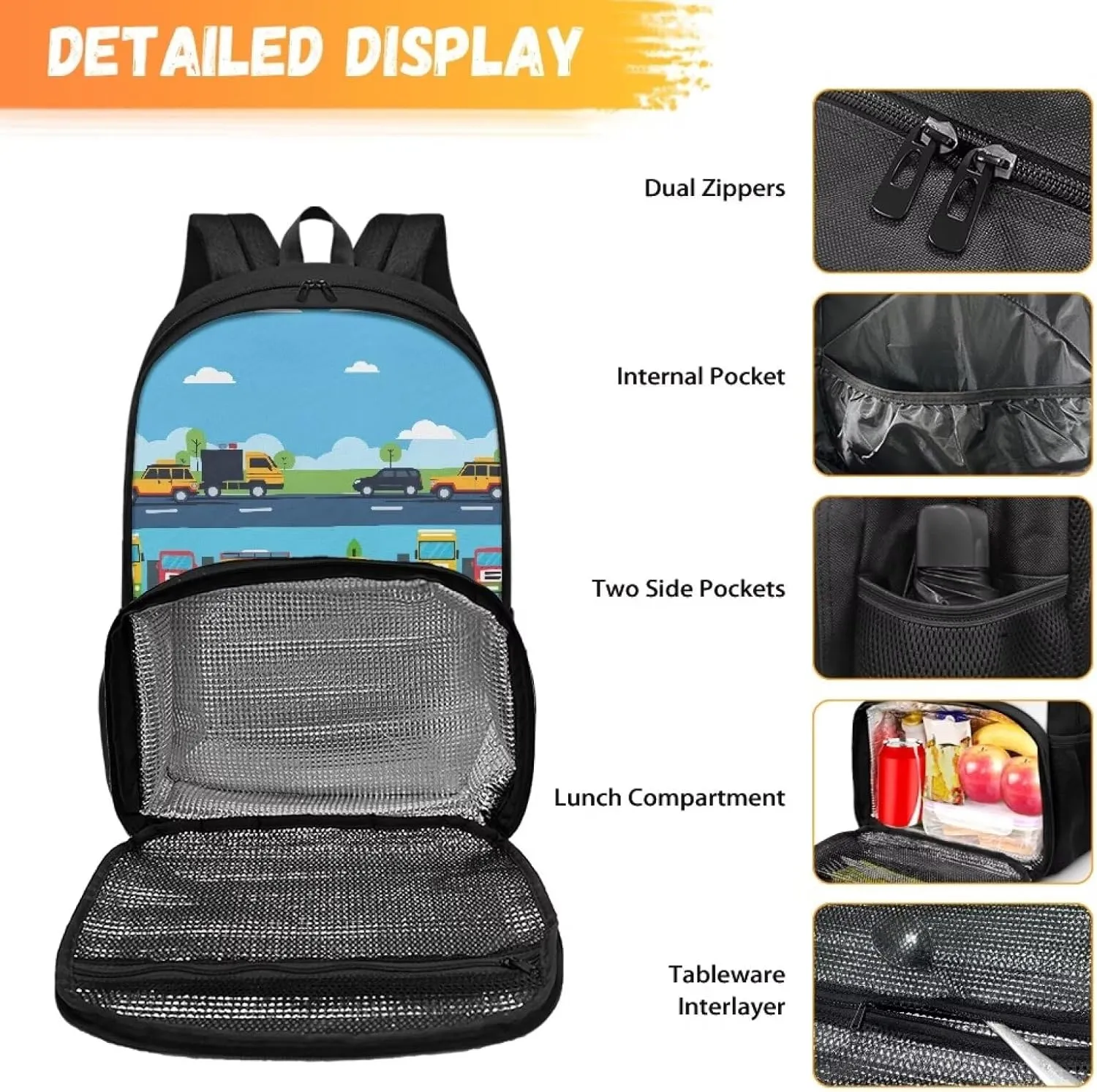 Backpack Insulated Lunch Backpack with Meal Compartment, Cartoon School Bus Casual Hiking Lunch Rucksack with Side Bottle Pockets, Lightweight School Bags for Teens