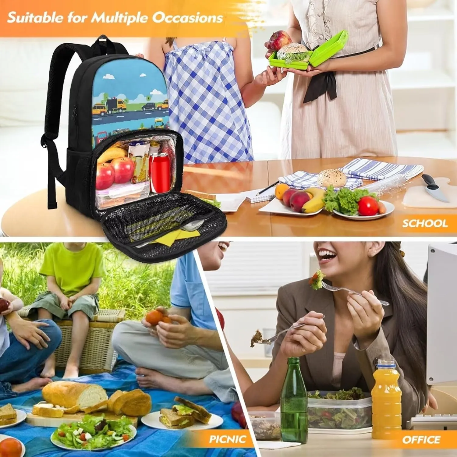 Backpack Insulated Lunch Backpack with Meal Compartment, Cartoon School Bus Casual Hiking Lunch Rucksack with Side Bottle Pockets, Lightweight School Bags for Teens