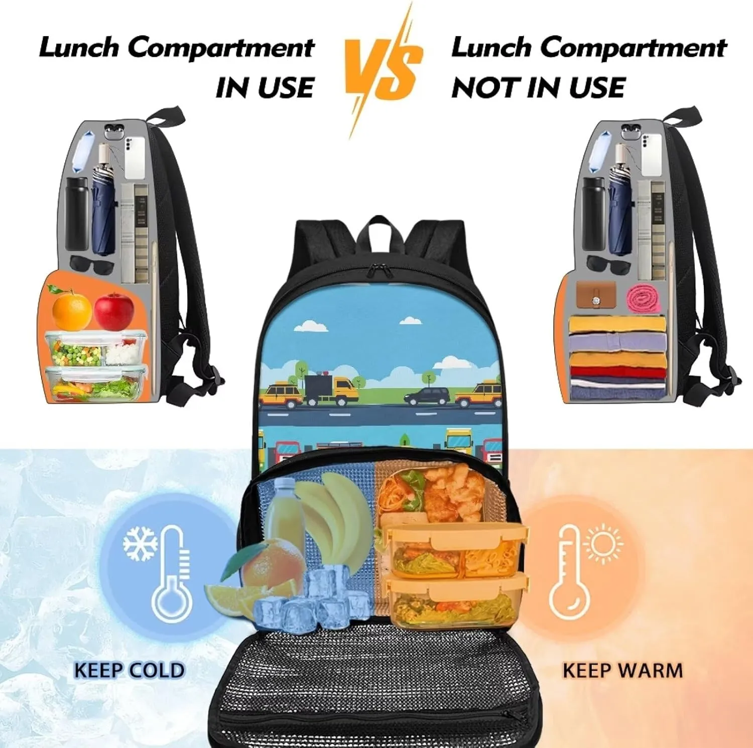 Backpack Insulated Lunch Backpack with Meal Compartment, Cartoon School Bus Casual Hiking Lunch Rucksack with Side Bottle Pockets, Lightweight School Bags for Teens
