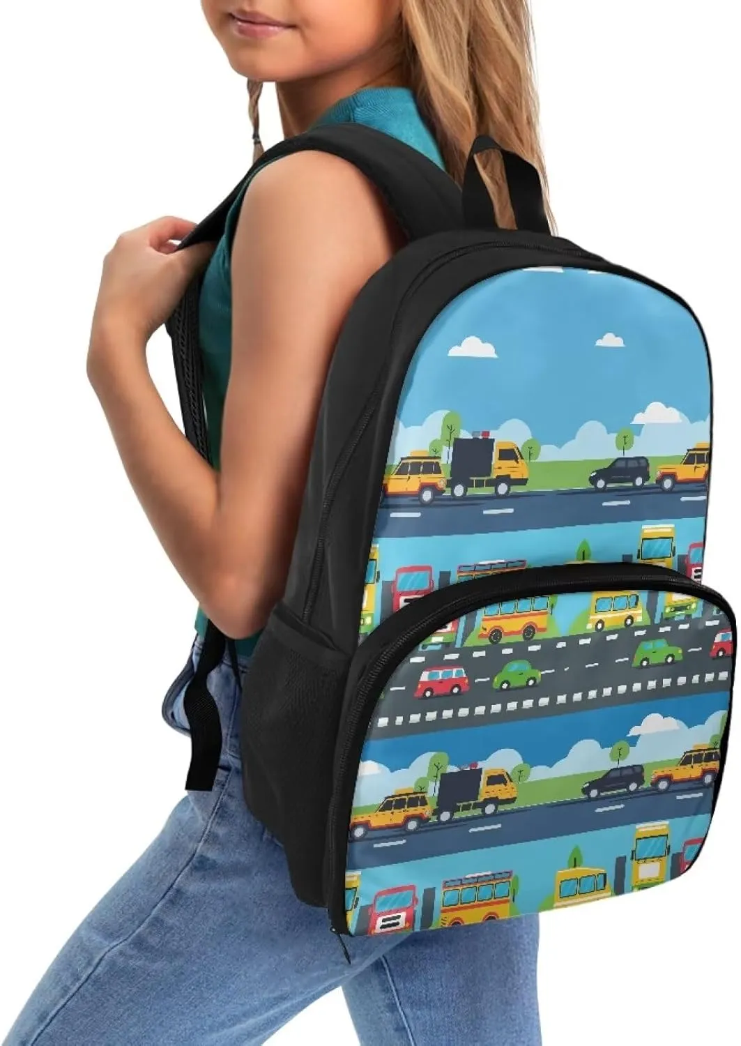 Backpack Insulated Lunch Backpack with Meal Compartment, Cartoon School Bus Casual Hiking Lunch Rucksack with Side Bottle Pockets, Lightweight School Bags for Teens