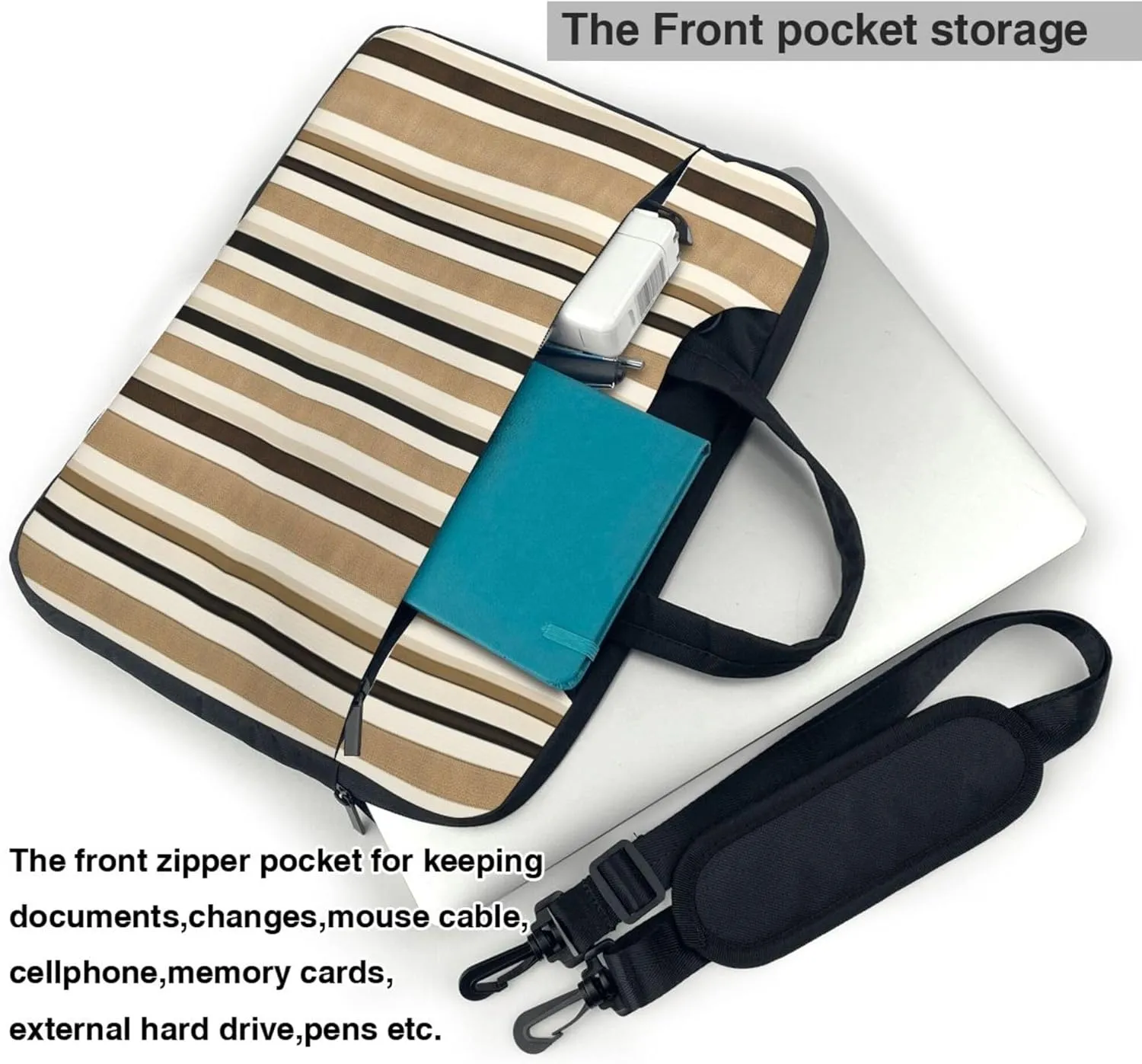 Black Brown Striped Laptop Shoulder Bag for Women, Striped Pattern Laptop Sleeve Case Durable Computer Bag