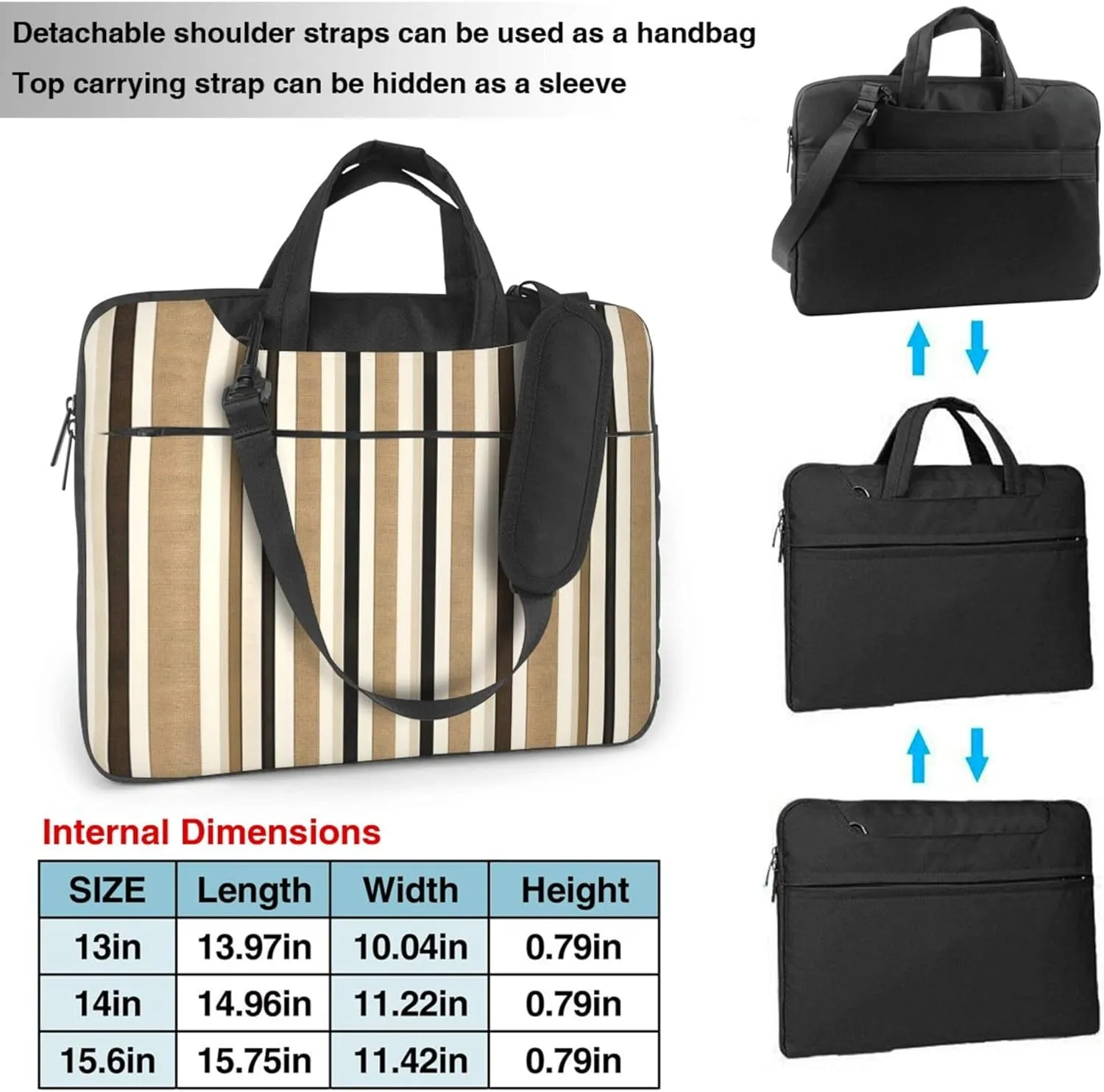 Black Brown Striped Laptop Shoulder Bag for Women, Striped Pattern Laptop Sleeve Case Durable Computer Bag
