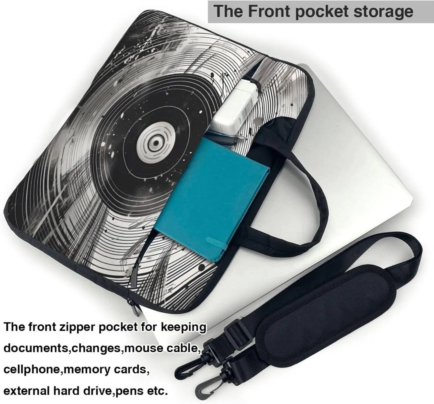 Black Music Record Laptop Shoulder Bag for Women, Laptop Sleeve Case Durable Computer Bag