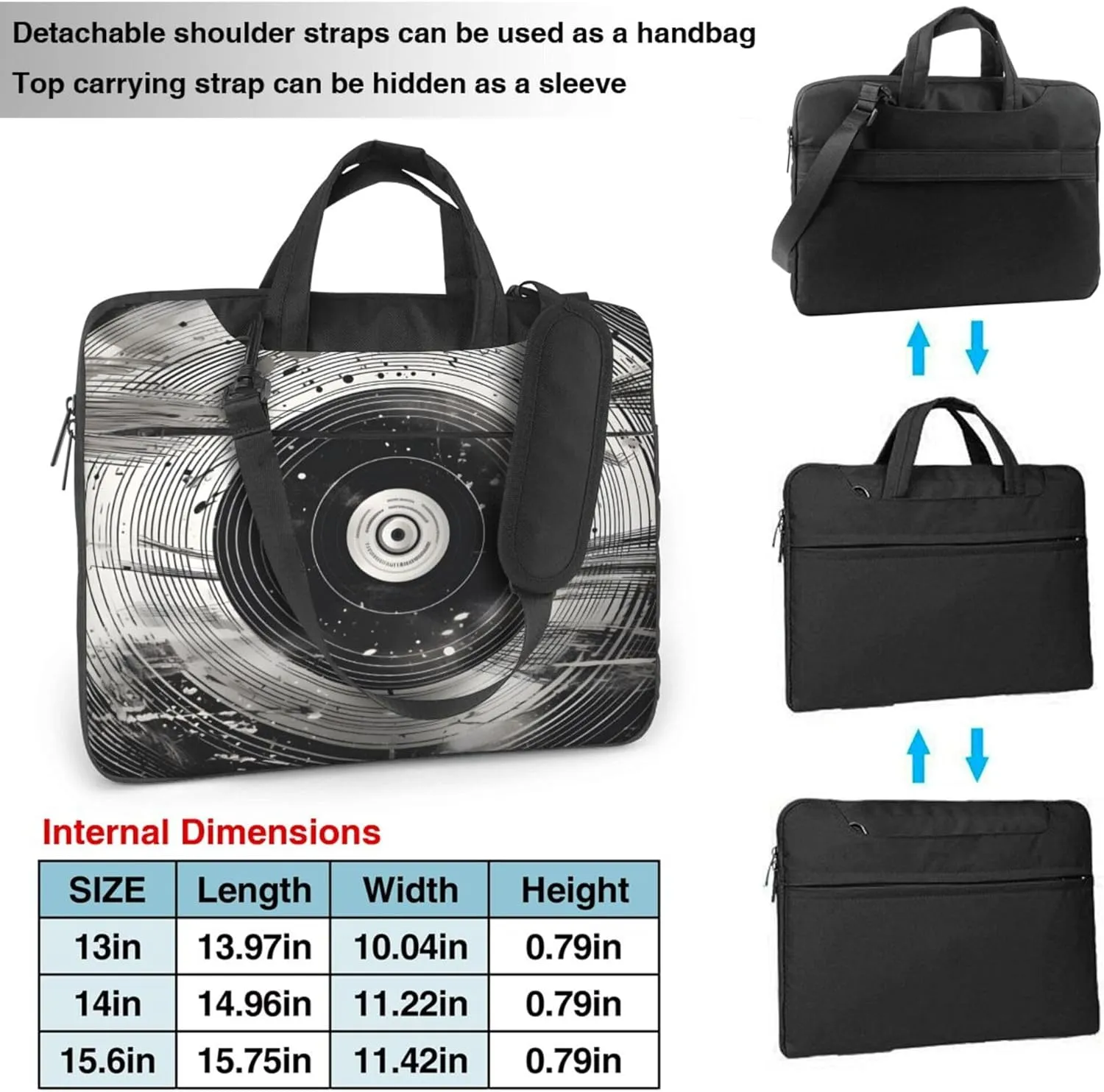 Black Music Record Laptop Shoulder Bag for Women, Laptop Sleeve Case Durable Computer Bag