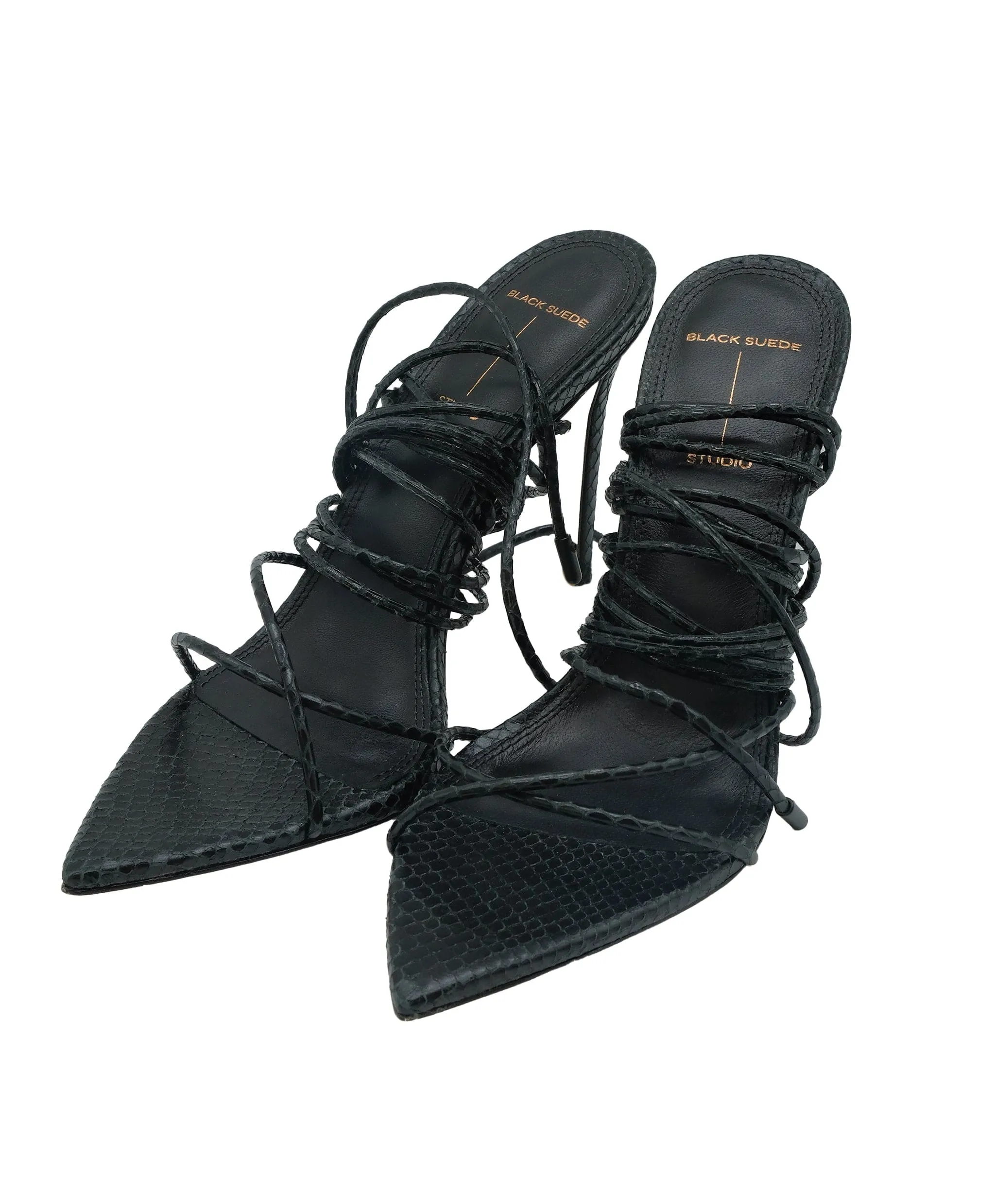 Black Suede Studio Black Python Embossed Leather Ankle Wrap Sandals Size 38 RJC3882