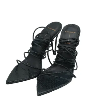 Black Suede Studio Black Python Embossed Leather Ankle Wrap Sandals Size 38 RJC3882