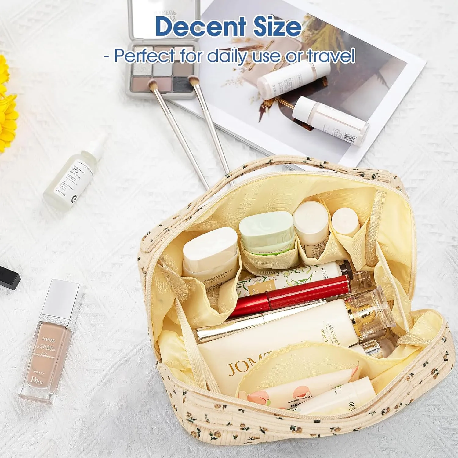 Bluboon Makeup Bag Zipper Pouch Travel Portable Cosmetic Bag Organizer for Women and Girls(Corduroy Yellow Floret)