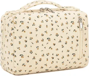 Bluboon Makeup Bag Zipper Pouch Travel Portable Cosmetic Bag Organizer for Women and Girls(Corduroy Yellow Floret)