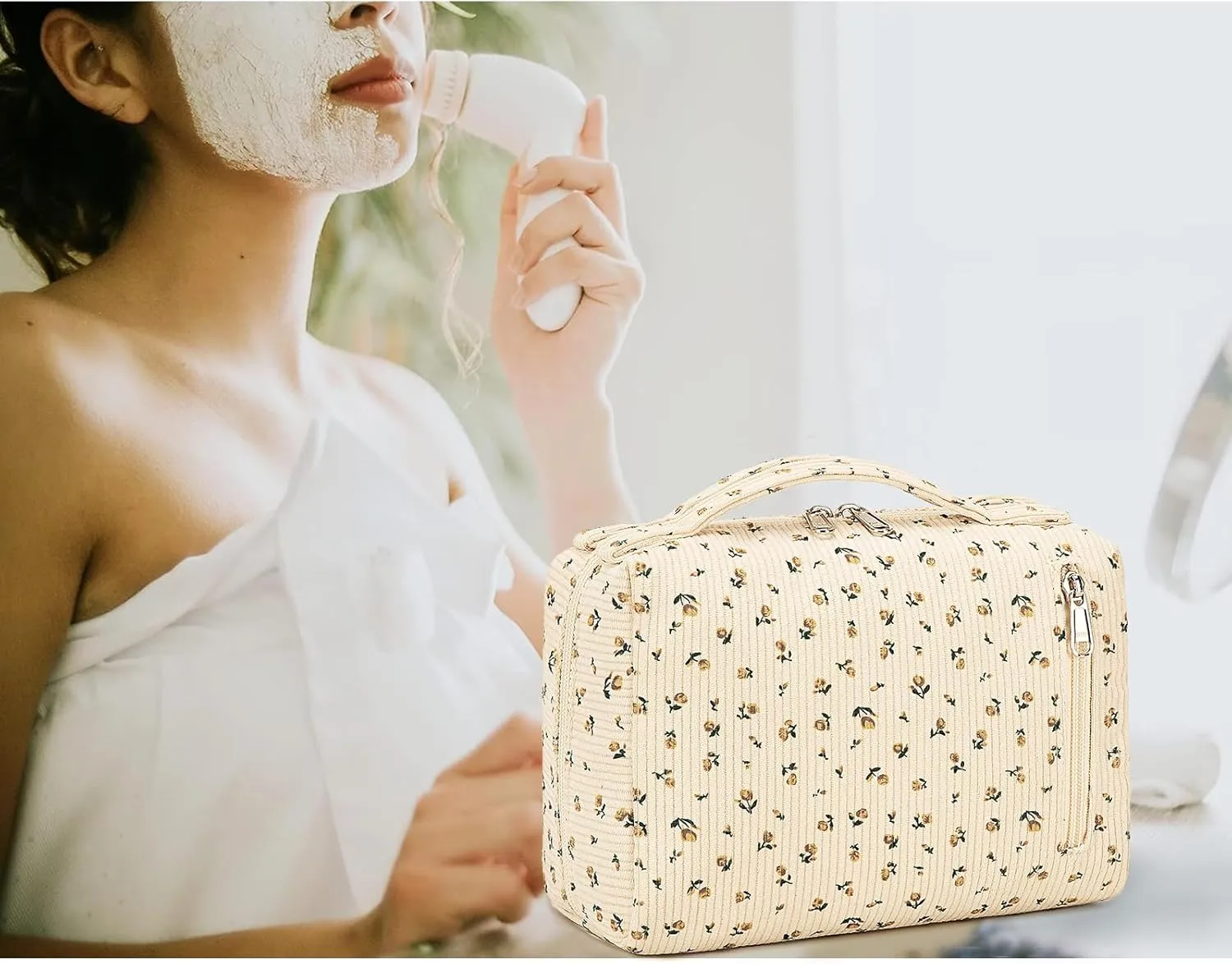 Bluboon Makeup Bag Zipper Pouch Travel Portable Cosmetic Bag Organizer for Women and Girls(Corduroy Yellow Floret)
