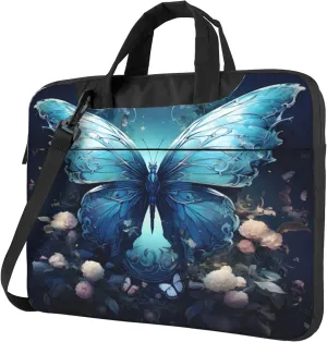 Blue Butterfly Flower Laptop Shoulder Bag for Women, Ethnic Butterfly Laptop Sleeve Case Durable Computer Bag