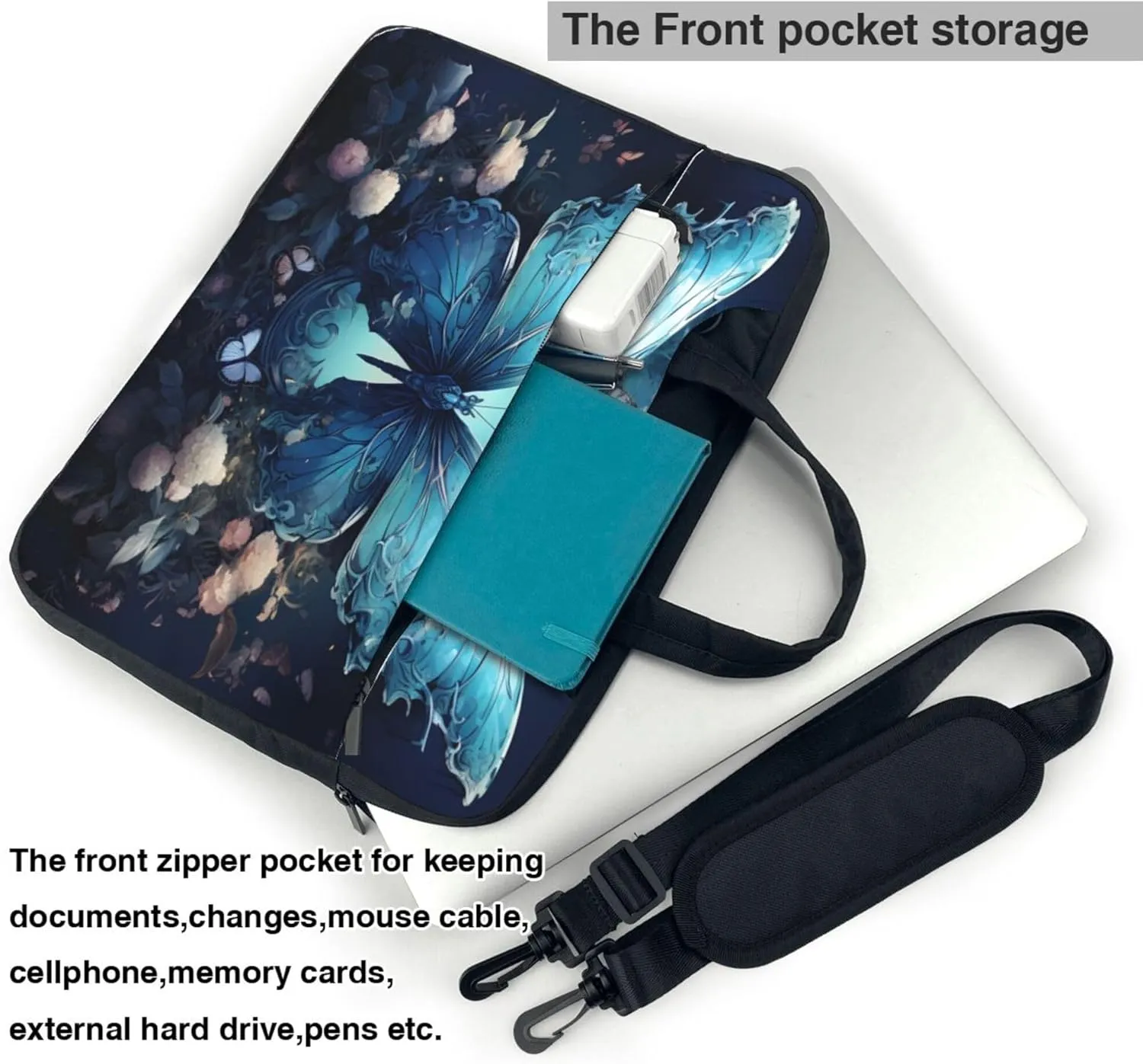 Blue Butterfly Flower Laptop Shoulder Bag for Women, Ethnic Butterfly Laptop Sleeve Case Durable Computer Bag
