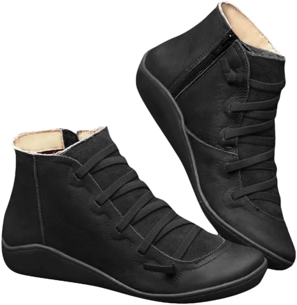 Boots for Women Low Heel Lace Up Arch Support Boots Side Zipper Vintage Leather Damping Shoes Flat Heel Boots