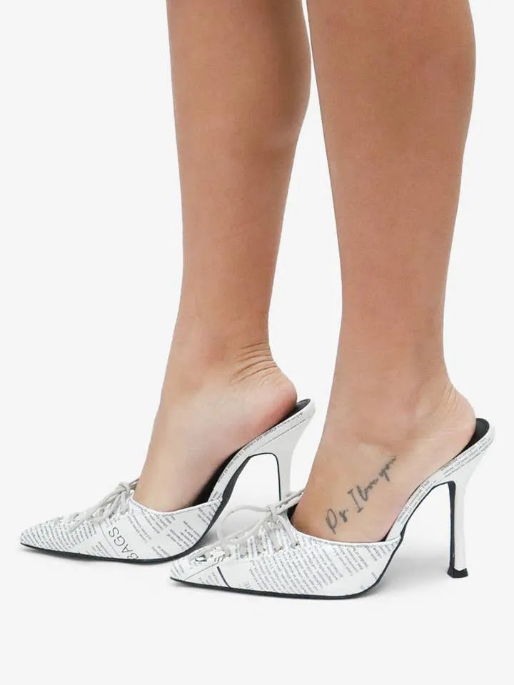 Breaking News Print Lace Up Pointed Toe High Heel Mules