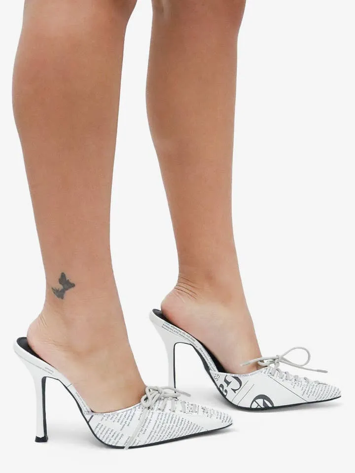 Breaking News Print Lace Up Pointed Toe High Heel Mules