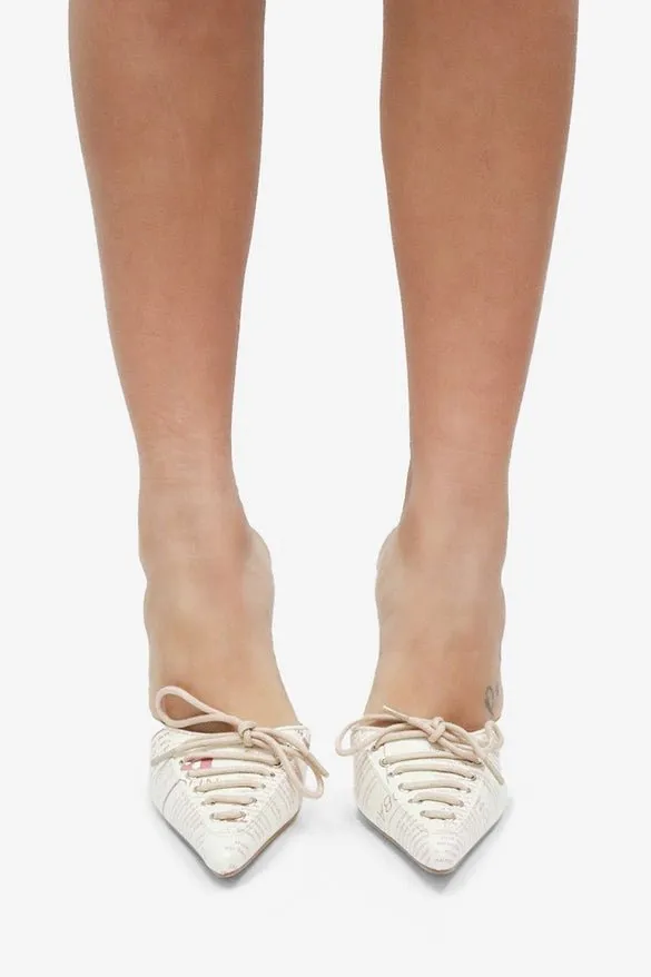 Breaking News Print Lace Up Pointed Toe High Heel Mules