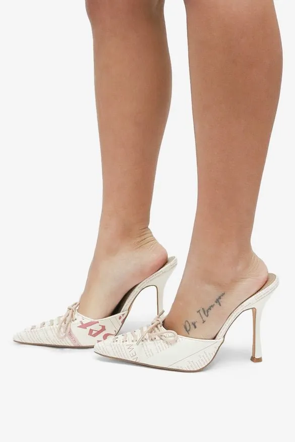 Breaking News Print Lace Up Pointed Toe High Heel Mules