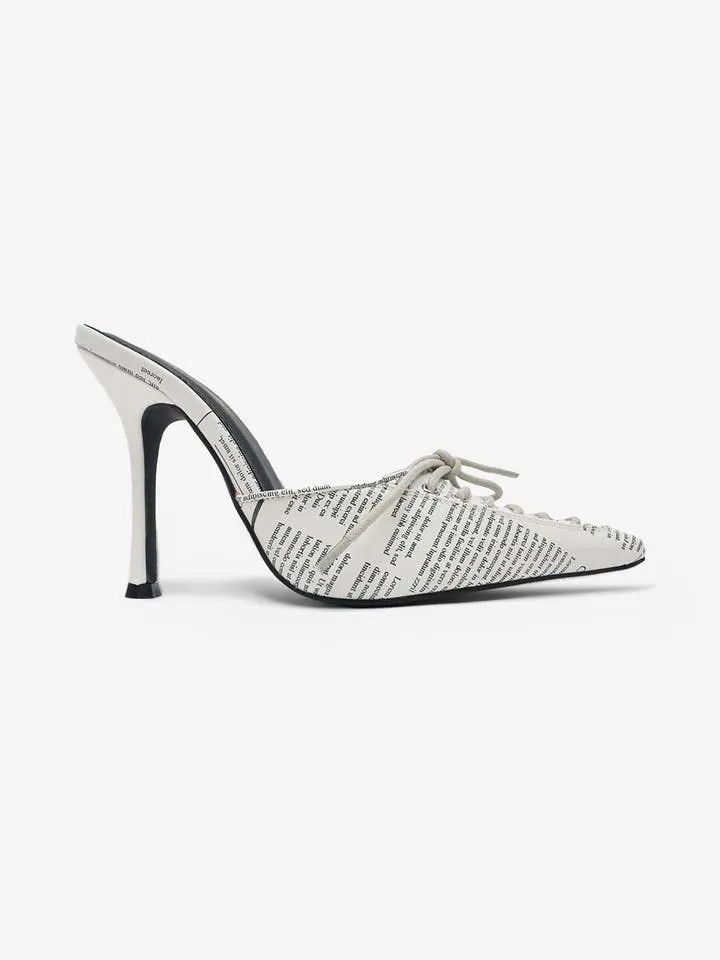 Breaking News Print Lace Up Pointed Toe High Heel Mules
