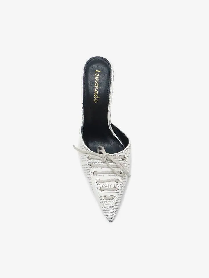 Breaking News Print Lace Up Pointed Toe High Heel Mules