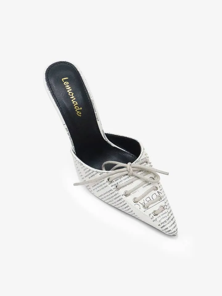 Breaking News Print Lace Up Pointed Toe High Heel Mules