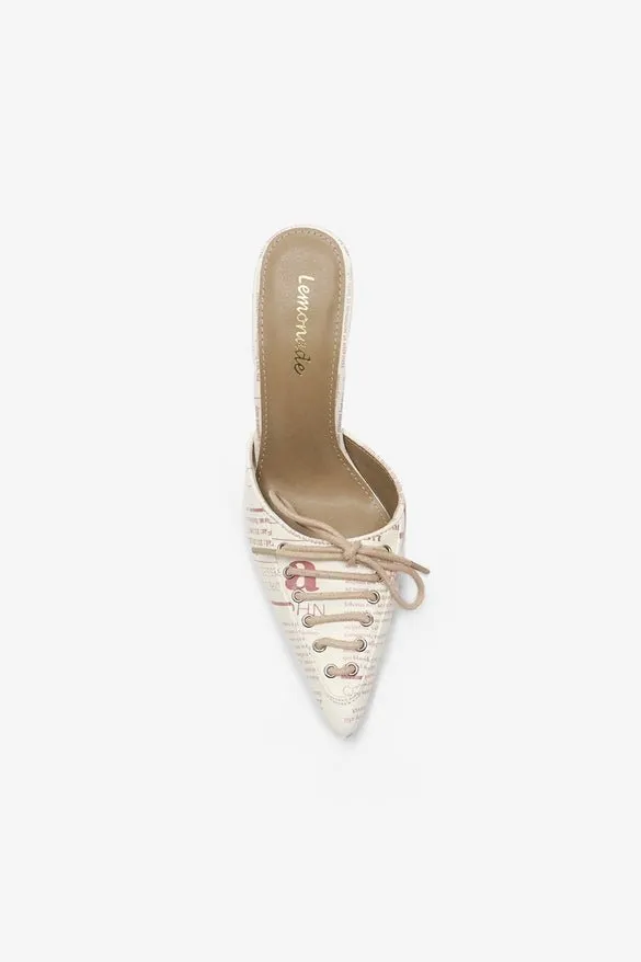 Breaking News Print Lace Up Pointed Toe High Heel Mules