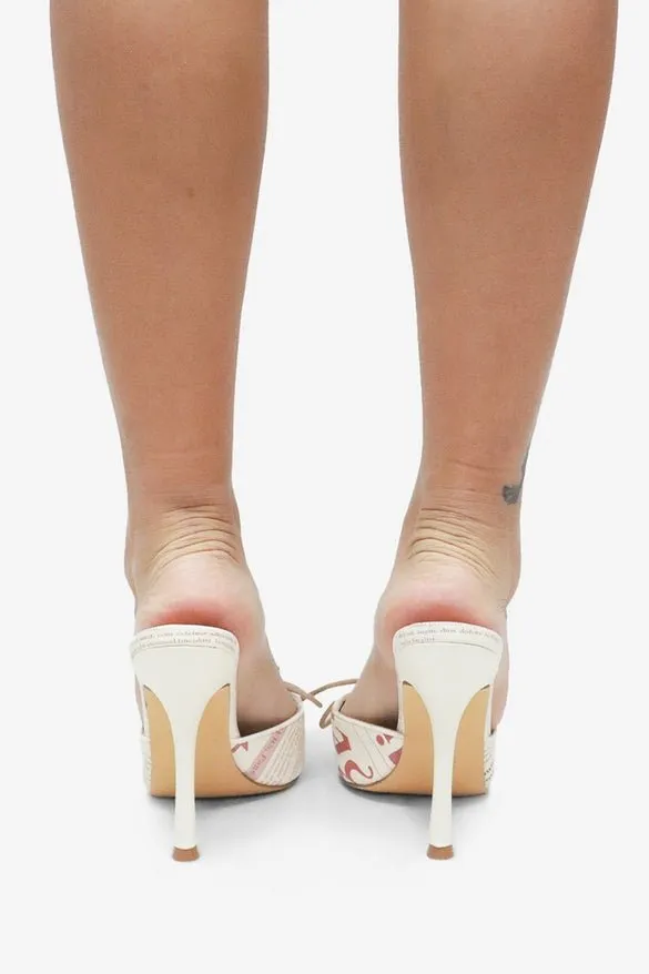 Breaking News Print Lace Up Pointed Toe High Heel Mules