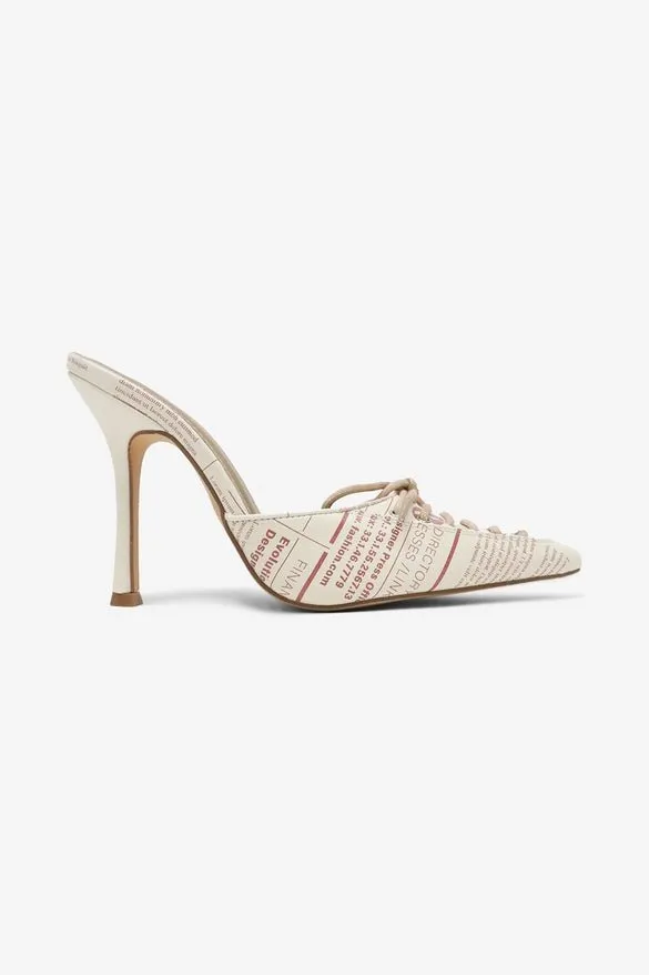 Breaking News Print Lace Up Pointed Toe High Heel Mules