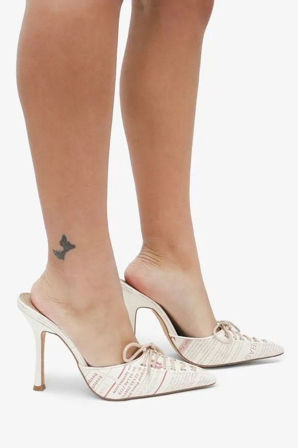 Breaking News Print Lace Up Pointed Toe High Heel Mules