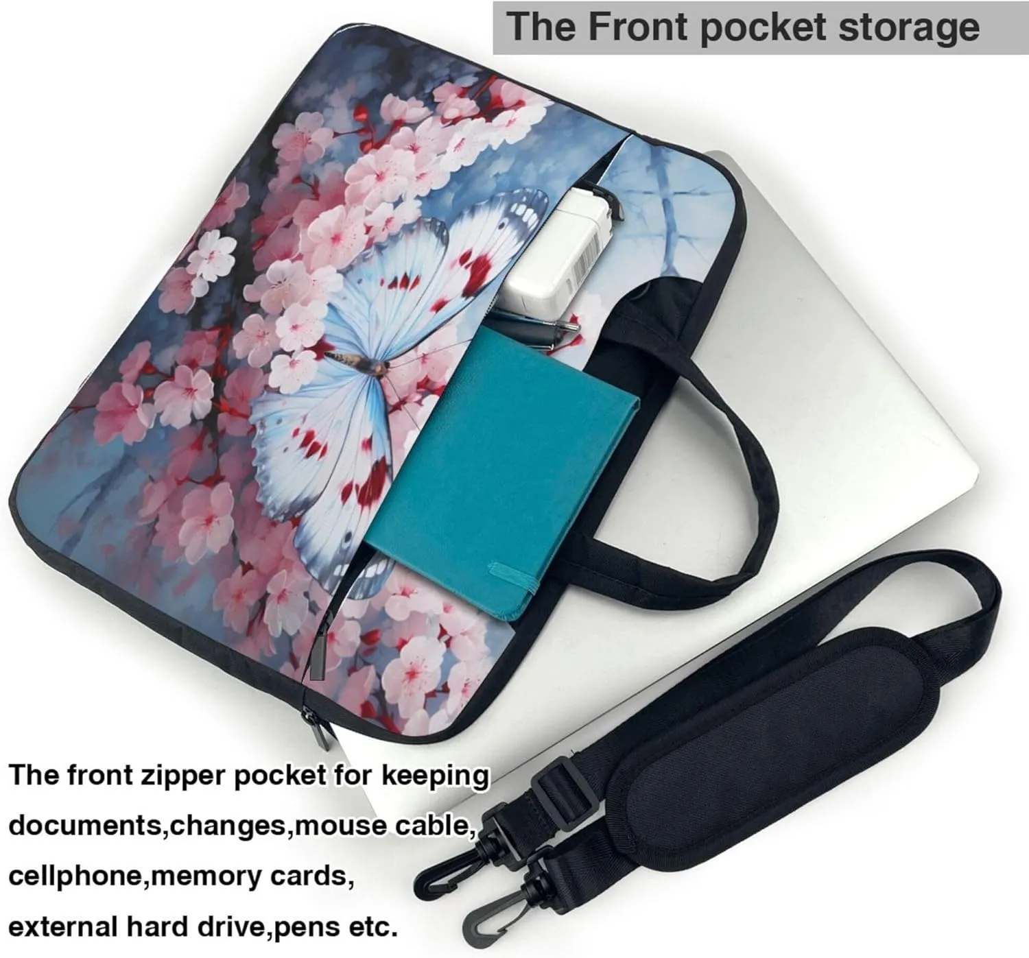 Butterfly Cherry Blossom Laptop Shoulder Bag for Women, Spring Flower Laptop Sleeve Case Durable Computer Bag