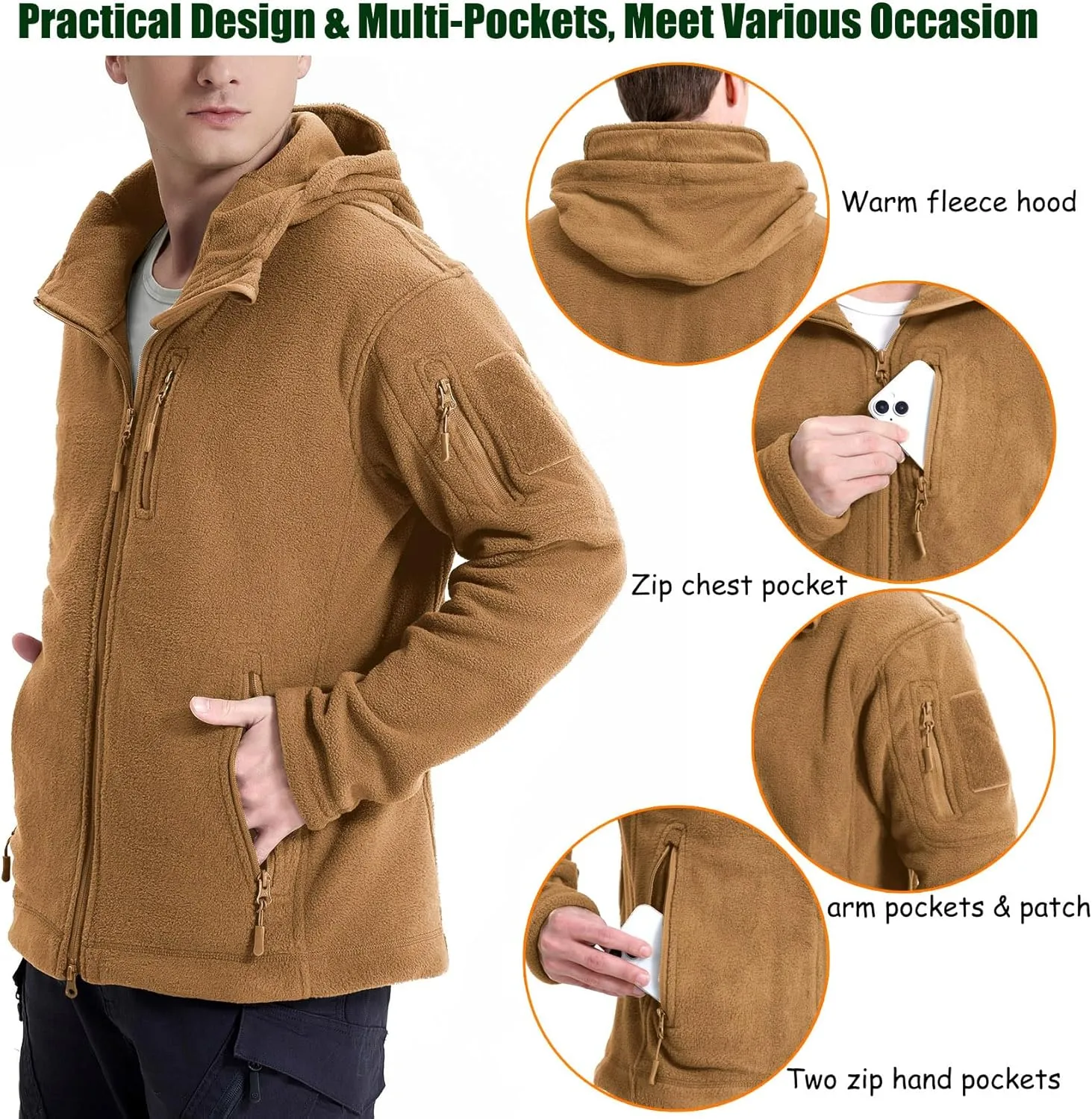 CARWORNIC Men's Tactical Hooded Fleece Jackets Full-Zip Winter Warm Polar Military Outdoor Hiking Coat with Zipper Pockets