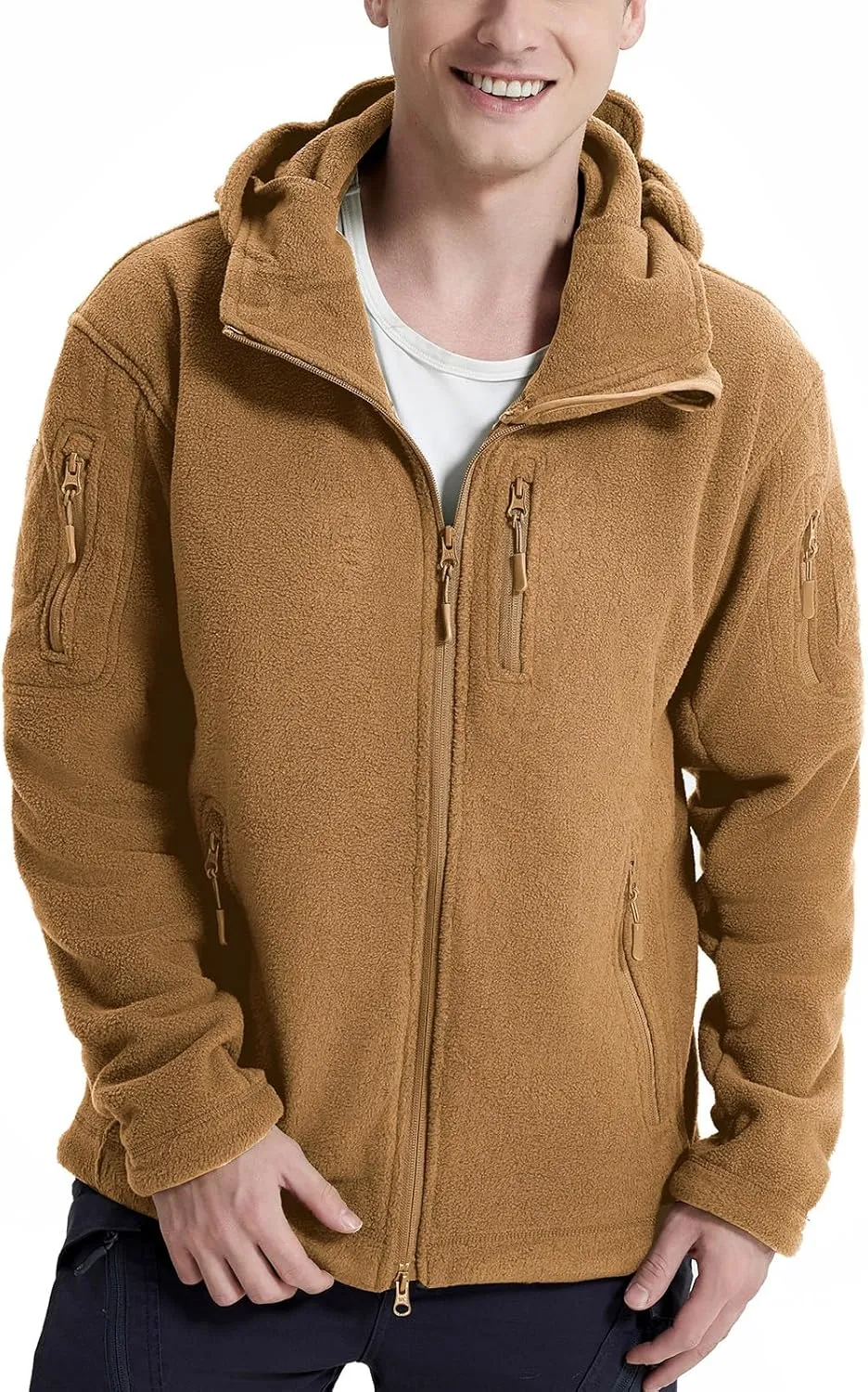CARWORNIC Men's Tactical Hooded Fleece Jackets Full-Zip Winter Warm Polar Military Outdoor Hiking Coat with Zipper Pockets